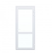 Дверь 700*2100 алюминиевая одностворчатая. Заполнение: верх-стеклопакет 40 мм, низ- стеклопакет 40 мм. Цвет: белый. Ручка: нажимной гарнитур.