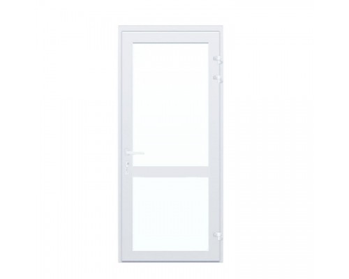 Алюминиевая дверь с верхним и нижним стеклопакетом, белого цвета, с нажимным гарнитуром.