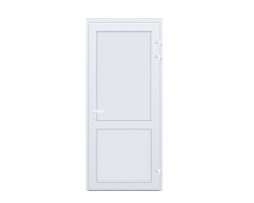Дверь 950*2100 алюминиевая одностворчатая с заполнением из сэндвича 24 мм+оцинковым листом, цвет белый и нажимной гарнитуром.