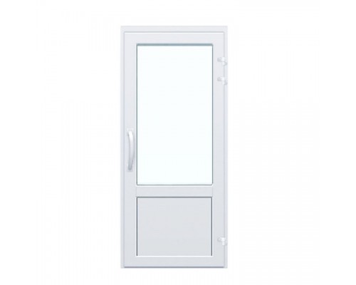 Алюминиевая дверь с верхним стеклопакетом и нижним сендвичем, белого цвета, с ручкой-скобой.