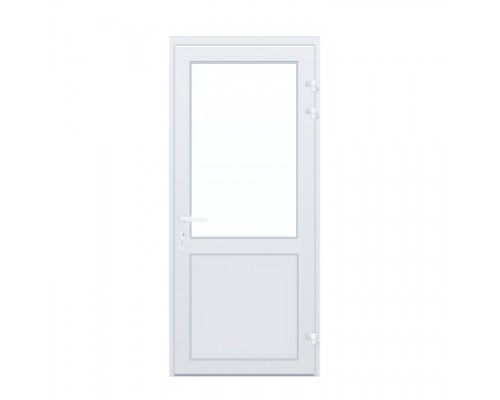 Алюминиевая дверь с верхним стеклопакетом и нижним сендвичем, цвет белый, с нажимной ручкой.