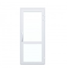Дверь 750*2100 алюминиевая одностворчатая.  Заполнение: верх-стеклопакет 40 мм, низ- стеклопакет 40 мм. Цвет: белый.  Ручка: скоба. 