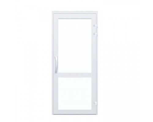 Алюминиевая дверь с верхним и нижним стеклопакетом 32 мм, белого цвета, с ручкой-скобой.