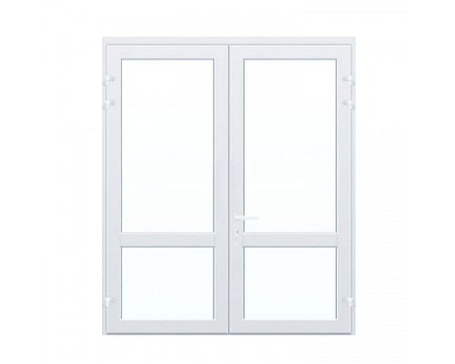 Дверь 1800*2100 алюминиевая двухстворчатая с верхним и нижним стеклопакетом 32 мм, белого цвета с нажимным гарнитуром