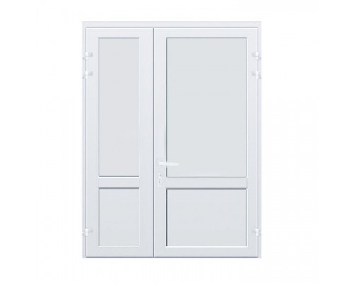 Дверь 1350*2100 алюминиевая полуторастворчатая с заполнением сэндвич 24 мм. и оцинкованным листом, окрашенная в белый цвет, с нажимным гарнитуром.
