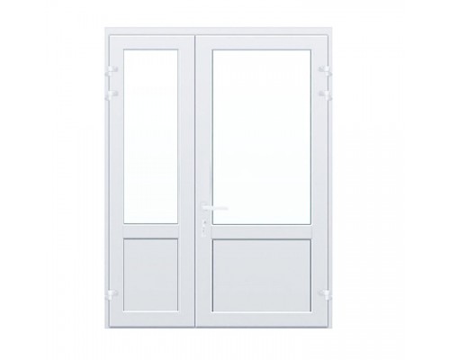 Дверь алюминиевая полуторастворчатая с заполнением стеклопакетом и сендвичем, цвет белый, с нажимным гарнитуром