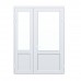 Алюминиевая полуторастворчатая дверь 1500*2100 с верхним стеклопакетом и нижним сендвичем, цвет белый, ручка нажимного гарнитура