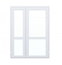 Дверь 1350*2100 алюминиевая полуторастворчатая. Заполнение: верх-стеклопакет 24 мм, низ- стеклопакет 24 мм. Цвет: белый.  Ручка: скоба.