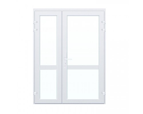 Дверь 1200*2100 алюминиевая полуторастворчатая с верхним и нижним стеклопакетом, белого цвета с нажимным гарнитуром