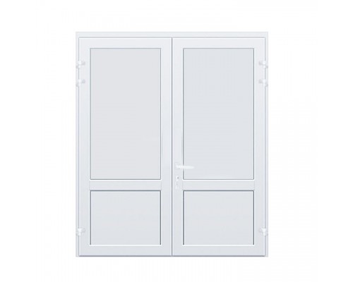 Двустворчатая алюминиевая дверь с заполнением сэндвич 24 мм и оцинкованным листом, цвет белый, с нажимным гарнитуром