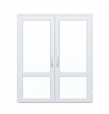 Дверь 1800*2100 алюминиевая двухстворчатая. Заполнение: верх-стеклопакет 24 мм, низ- стеклопакет 24 мм. Цвет: белый. Ручка: скоба.