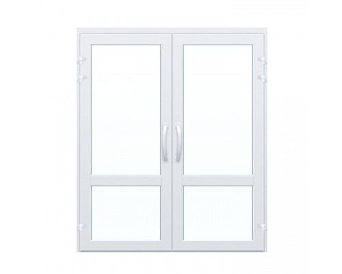 Алюминиевая двухстворчатая дверь с верхним и нижним стеклопакетом, белого цвета и нажимным гарнитуром.