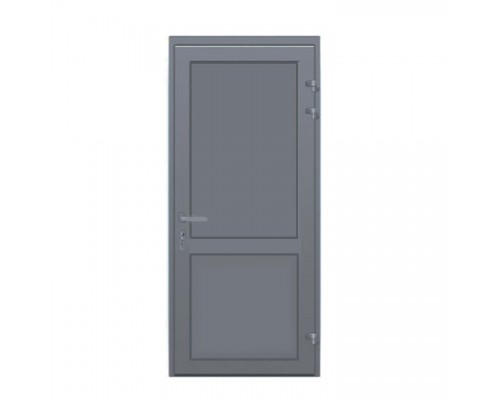 Алюминиевая одностворчатая дверь с заполнением из сэндвич-панелей 24 мм и окрашенным оцинкованным листом.
