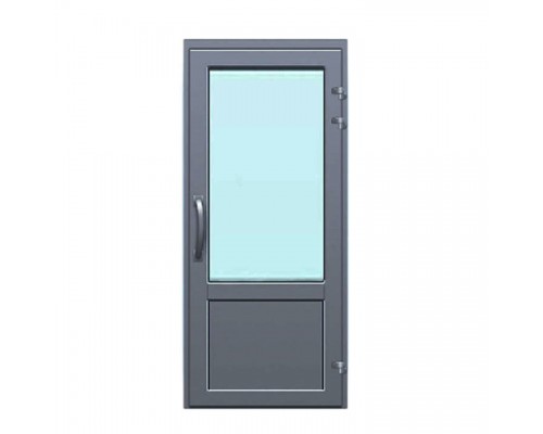 Алюминиевая одностворчатая дверь с заполнением из стеклопакета и сендвича, с оцинкованным листом и полимерным покрытием по RALL, с ручкой-скобой.