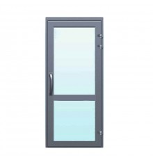 Дверь 750*2100 алюминиевая одностворчатая.  Заполнение: верх-стеклопакет 40 мм, низ- стеклопакет 40 мм. Цвет: полимер по RAL.  Ручка: скоба. 