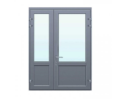 Алюминиевая полуторастворчатая дверь с заполнением стеклопакетом и сендвичем, цвет по RALL, с нажимным гарнитуром