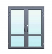 Дверь 1800*2100 алюминиевая двухстворчатая. Заполнение: верх-стеклопакет 32 мм, низ- стеклопакет 32 мм. Цвет: полимер по RAL. Ручка: скоба.