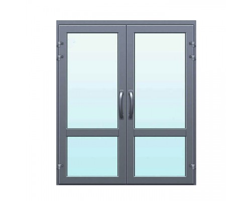 Дверь 1800*2100 алюминиевая двухстворчатая с верхним и нижним стеклопакетом 24 мм, цвет полимер по RALL, ручка скоба